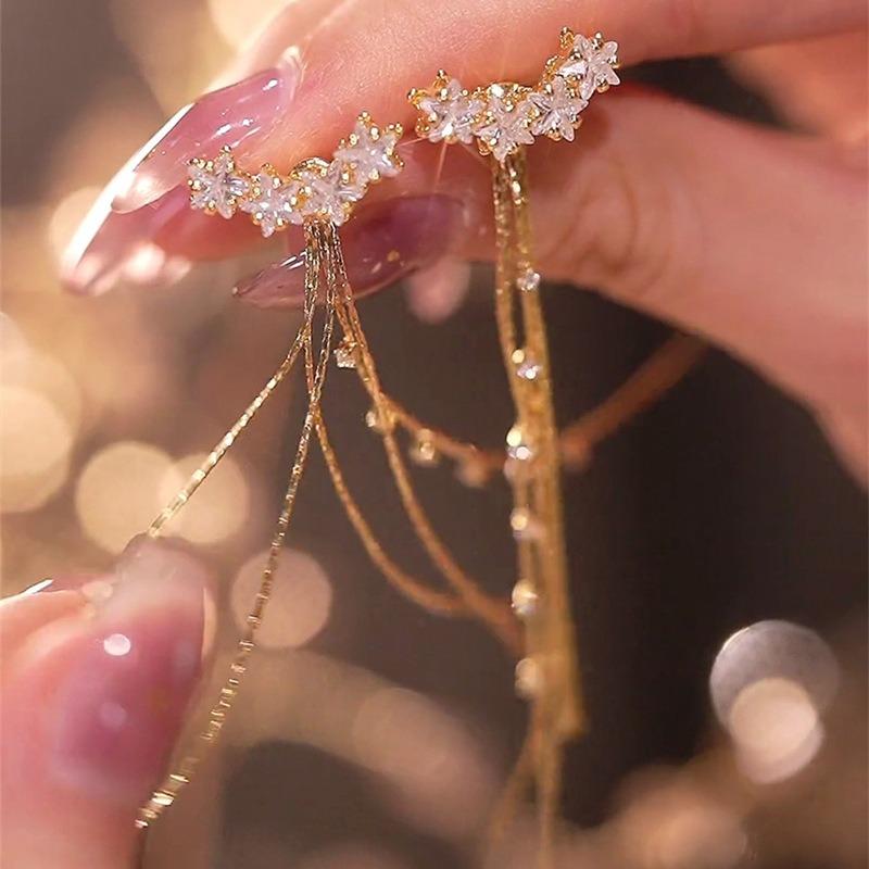 Silver Needle High-end Style Claw Zircon Flowing Tassel Earrings for Women - Light Luxury, Small-Scale, Unique Style Long Earring Set