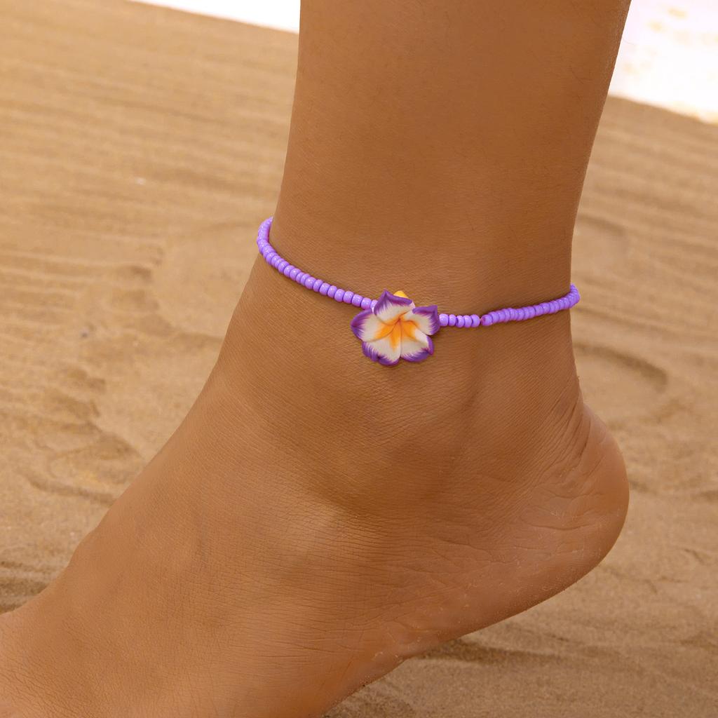 Bohemian Handmade Rice Beads Polymer Clay Flower Anklet for Women Summer Beach Bright Color Egg Flowers Ankle Bracelet Jewelry