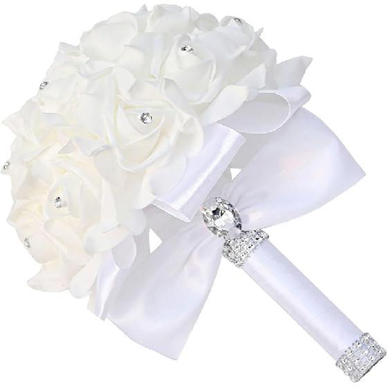 CUIWEI Wedding Bouquets for Bride & Bridesmaid - Hand Roses & Silk Roses Crystal Diamond Artificial Flowers for Wedding Parties, Churches (White)