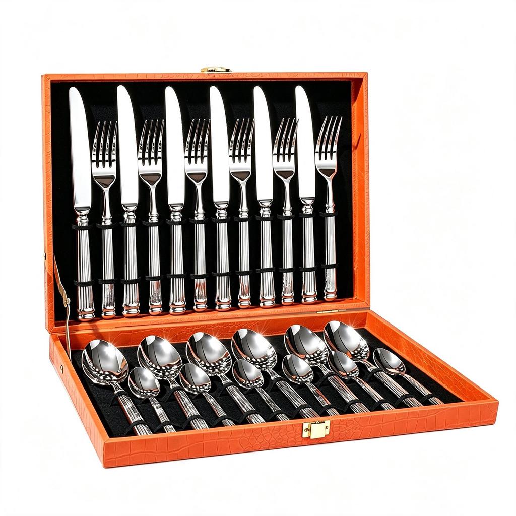 5-Piece Western Tableware Set: High-Grade 304 Stainless Steel Knife, Fork, Spoon with Roman Column Handle.