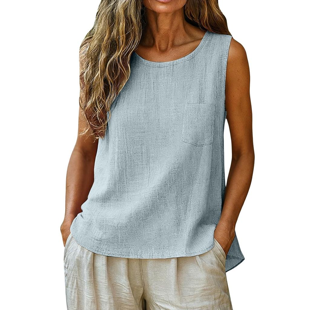 Women's Fashionable Casual Round-Neck Sleeveless Top: Plain-Coloured Cotton-Linen T-Shirt With Pockets