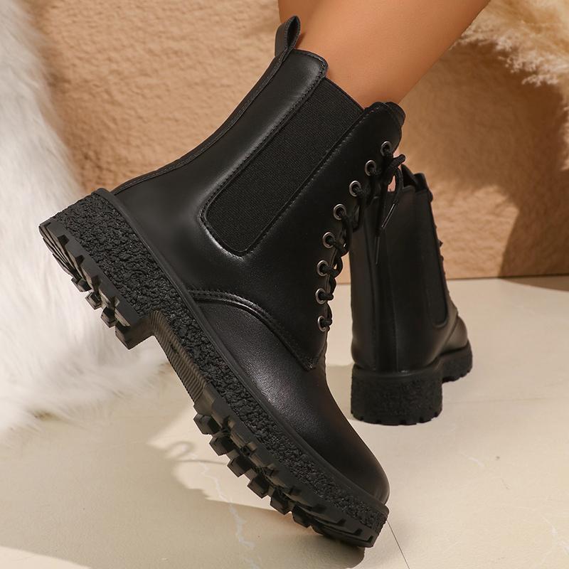 Fashion Rimocy Fashion Platform Combat Boots Women Black PU Leather Lace Up Ankle Boots Woman Thick Sole Non Slip Autumn Winter Shoes