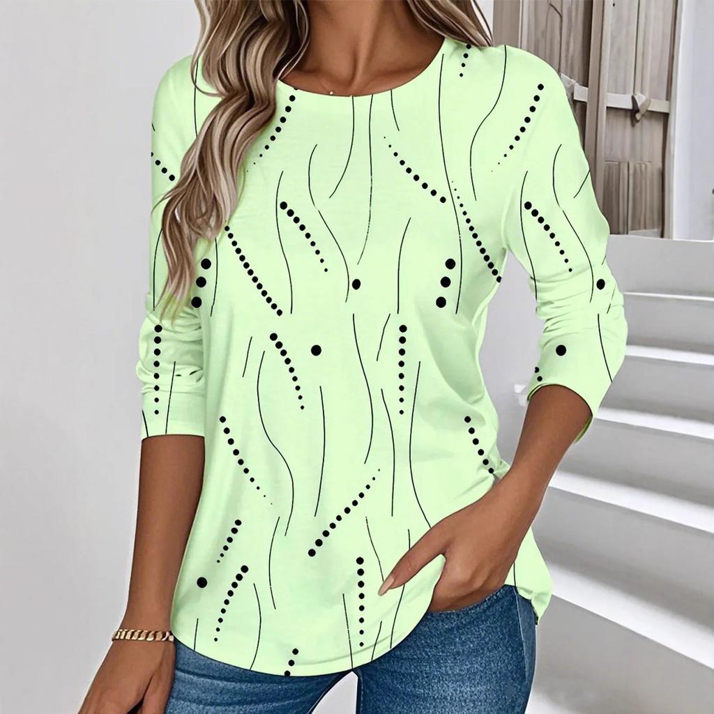 Lente en Herfst Ronde Hals 3D Abstracte Golf Stippen Bedrukte Top Modieuze Casual Lange Mouw Dames T-shirts