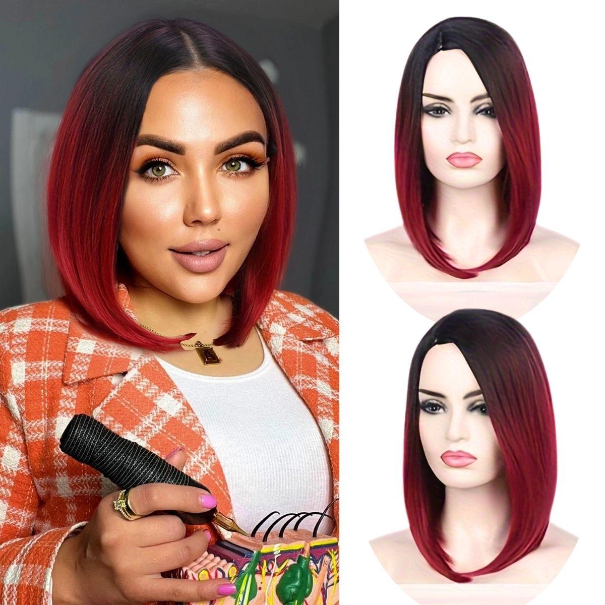 

Red and black gradient mid-wave wave head synthetic wig | high quality inner mesh design silky smooth hair | suitable for daily