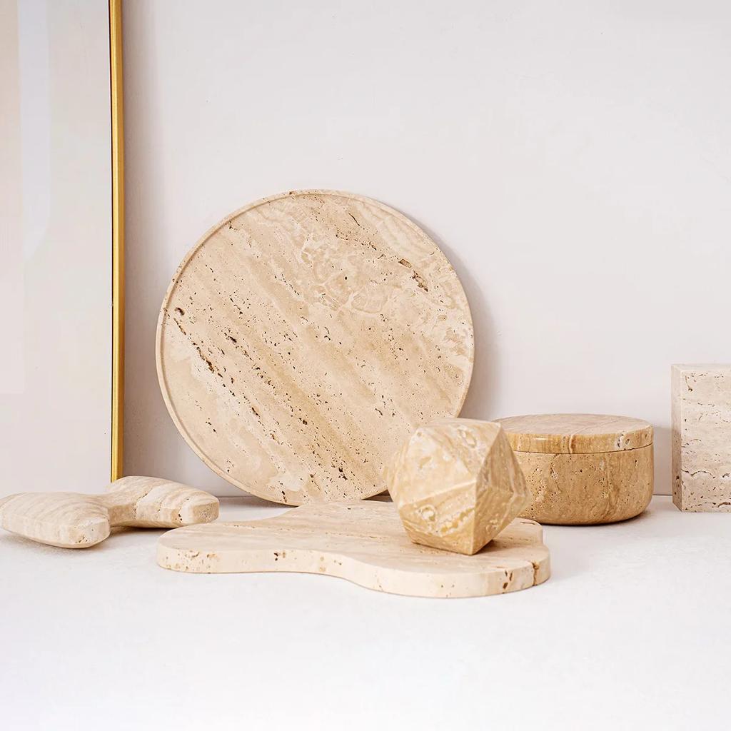 Wabi-sabi Přírodní travertinový kamenný podnos pro kuchyň koupelnu toaletní stolek dekorativní japonský domácí úložný kulatý podnos ozdoby