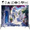 Greek Island Village Backdrop White Blue Building Blooming Flowers Background for Photoshoot