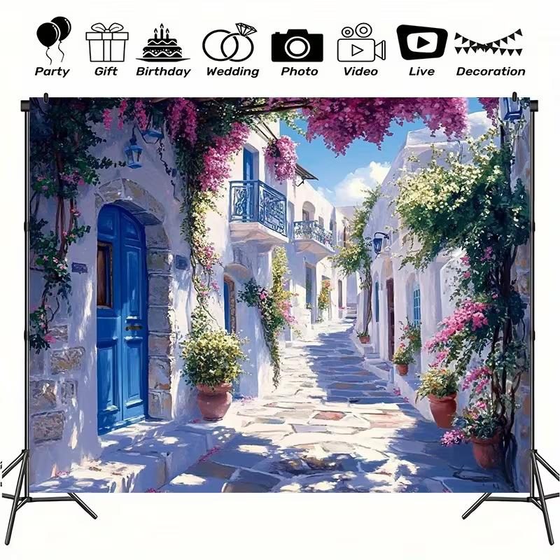 Greek Island Village Backdrop White Blue Building Blooming Flowers Background for Photoshoot