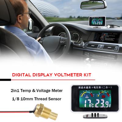 Car LCD Digital Display Water Temperature Meter Thermometer Voltmeter Gauge 2in1 Temp & Voltage