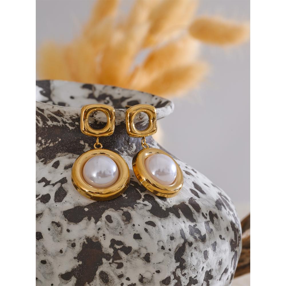 Yhpup Trending Simulated Pearls Round Drop Dangle Earrings for Women Korean Style Stainless Steel Charm Jewelry Prevent Allergy