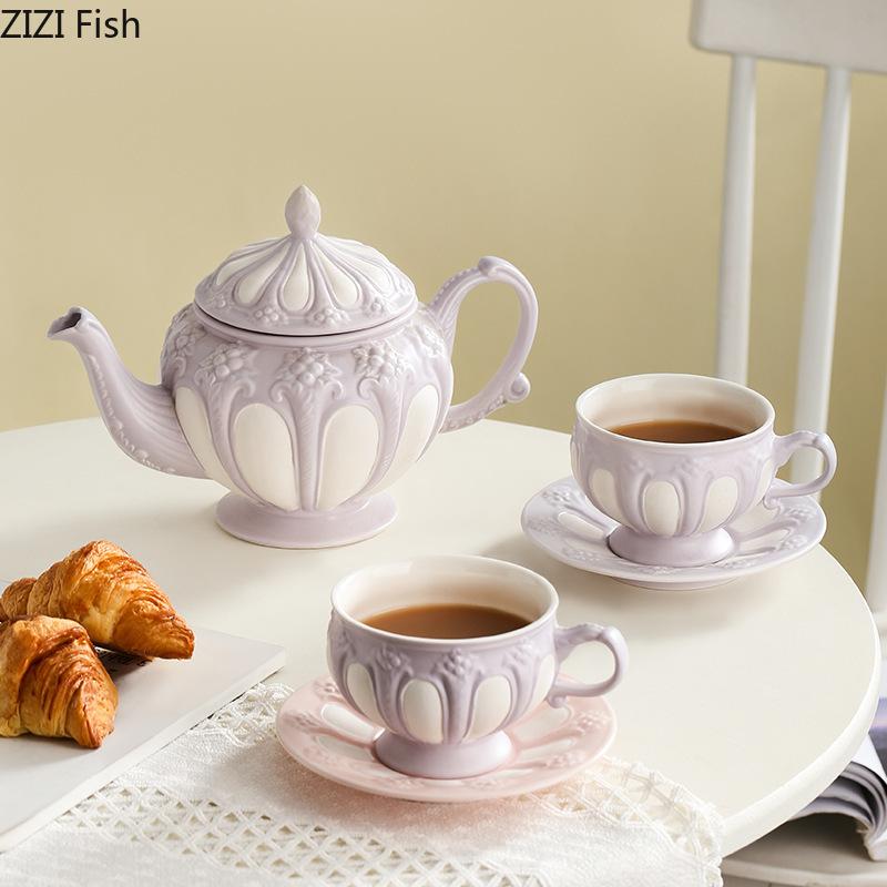 Floral Reliefs Classical Ceramic Cup&saucer Teapot Dining Table Coffee Mug Milk Mugs Afternoon Tea Teacup Fruit Juice Container