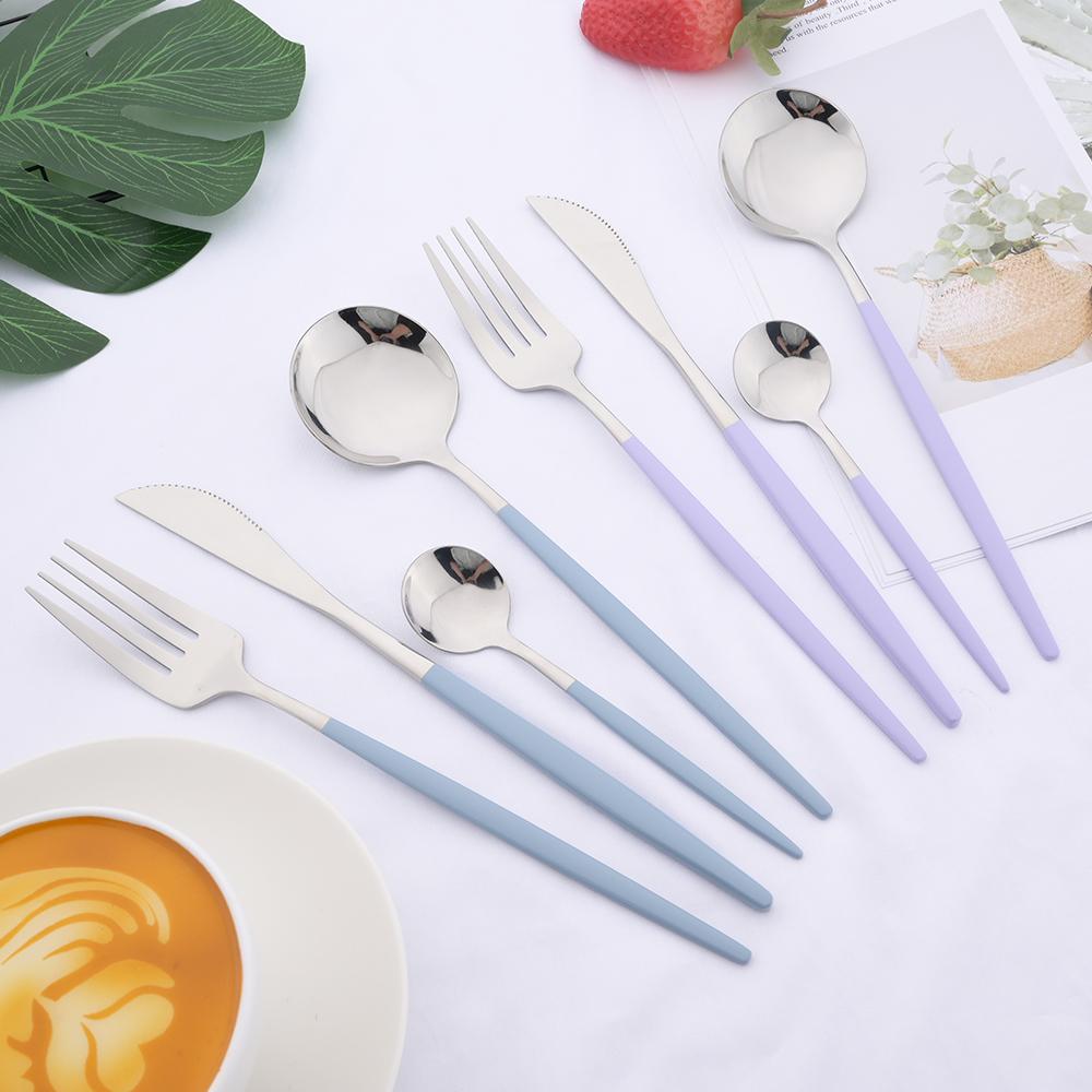 24Pcs Cute Colorful Cutlery Set Mirror Dinnenrware Set Stainless Steel Family Flatware Dinner Knife Fork Spoon Home Best Gift Festival Party