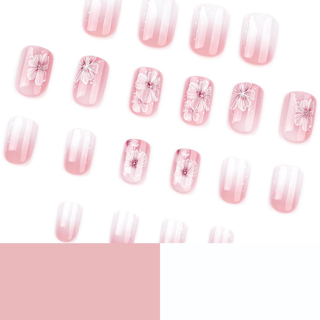 Gradient Flower Manicure False Nails - Medium Short Square Tips for Summer