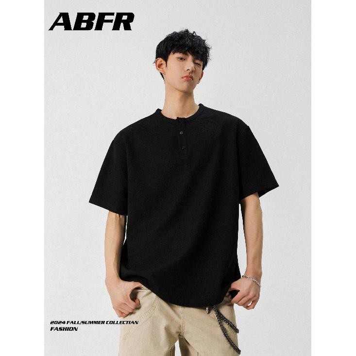 

FOFWMODE Мужская летняя новая футболка с коротким рукавом свободного кроя, базовая футболка с воротником хенли, модный свободный топ с рукавом до локтя 3XL чёрный
