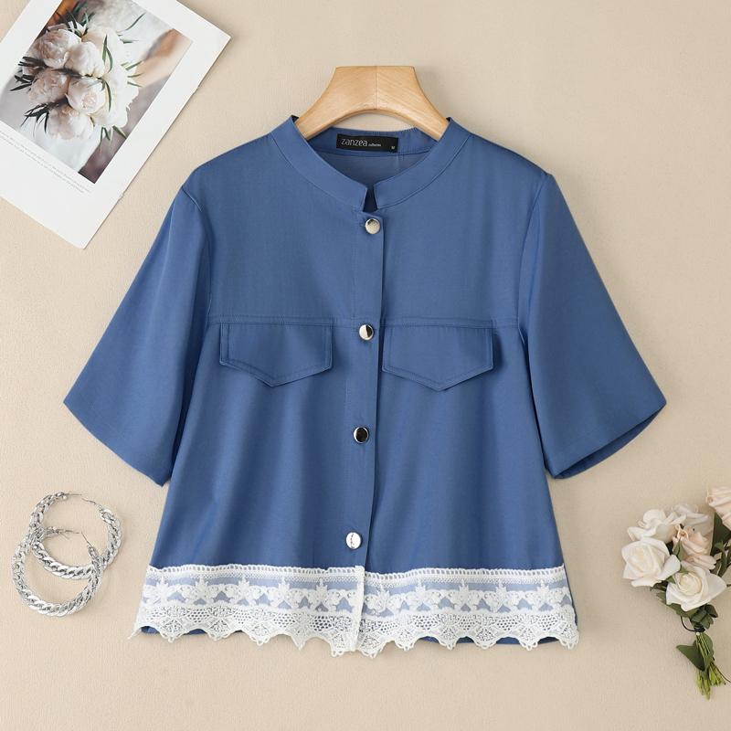 

ZANZEA Женская повседневная блузка с круглым вырезом, летняя, с коротким рукавом, кружевной вставкой 4XL темно-синий