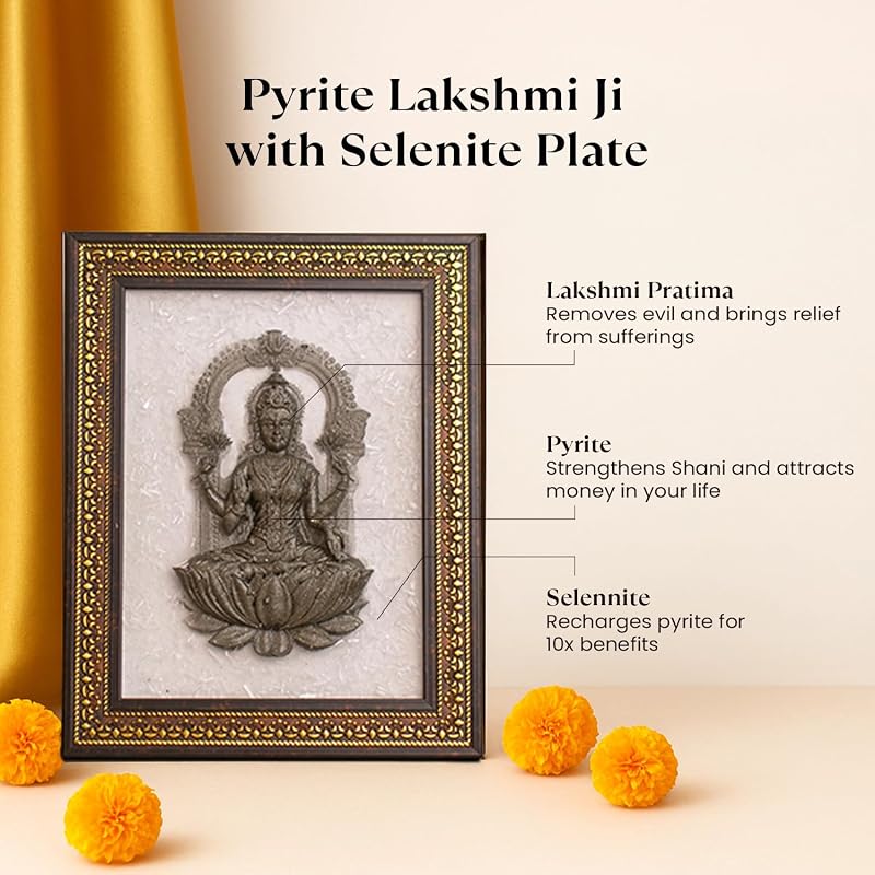 Astrotalk Pyrite Lakshmi Ji on Selenite Frame | Pyrite Stone Brings Money & Abundance | Maa Lakshmi Pooja Decorative Ite