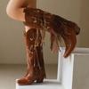 Fashion Retro Tassel Embroidered Cowgirl Mid-Calf Women Western Boots Pointed Toe Chunky High Heel Cowboy Cool All-Match Shoes