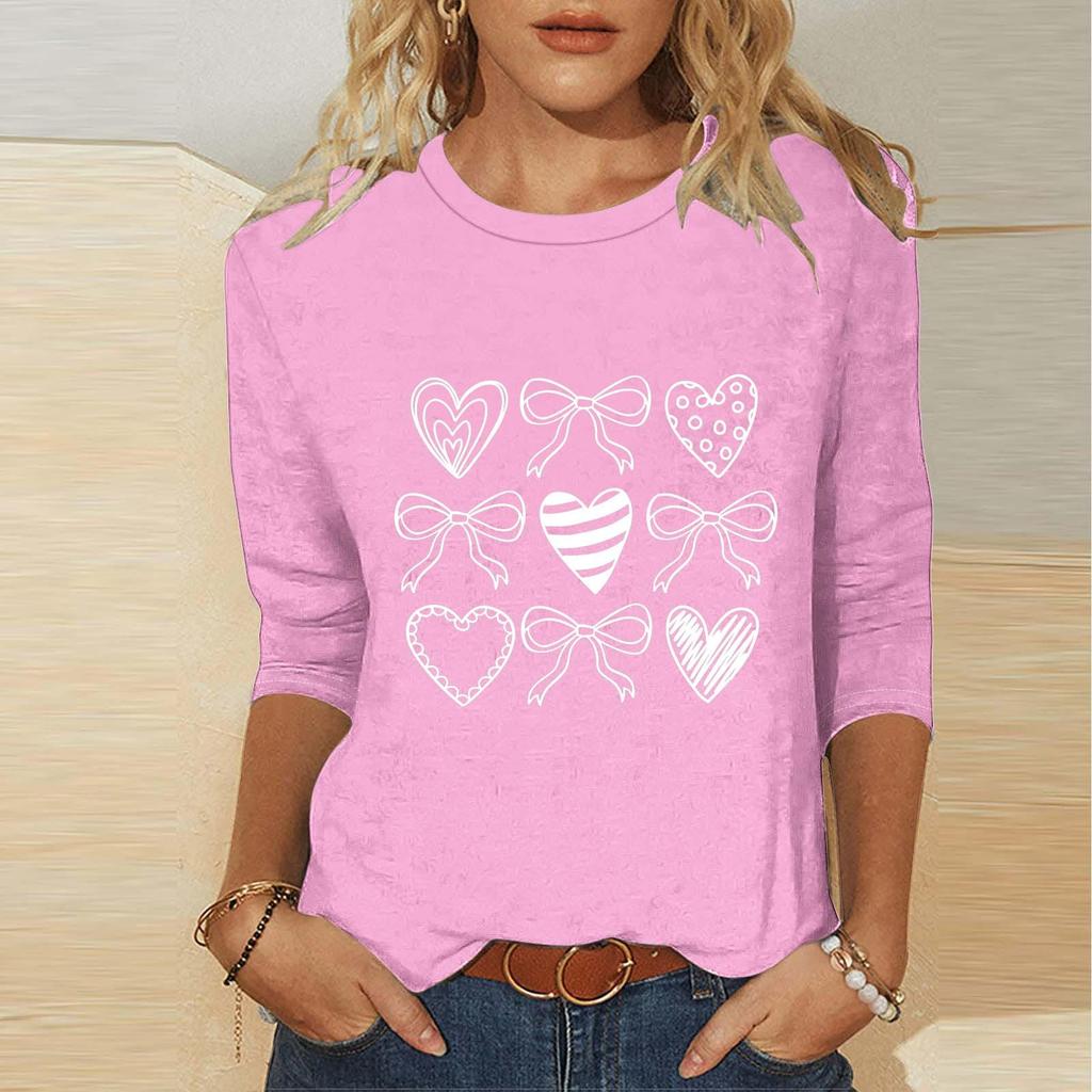 Women's Fashion Casual Three-quarter Sleeve Valentine's Day Printed Round Neck Top