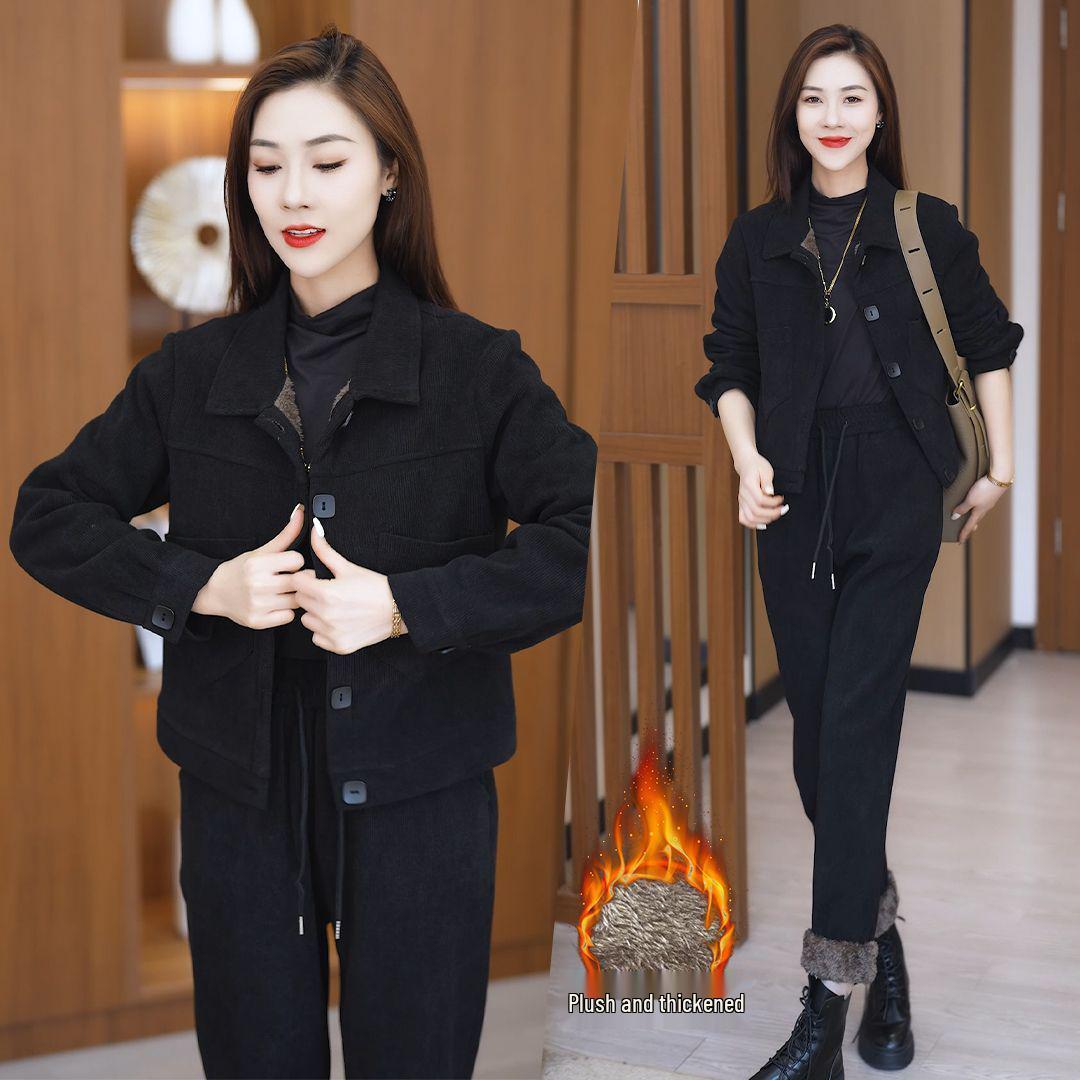 

Women s Plus Size Velvet Winter Suit: Stylish Jacket & Straight-Leg Pants Two-Piece Set XXXXL чорний