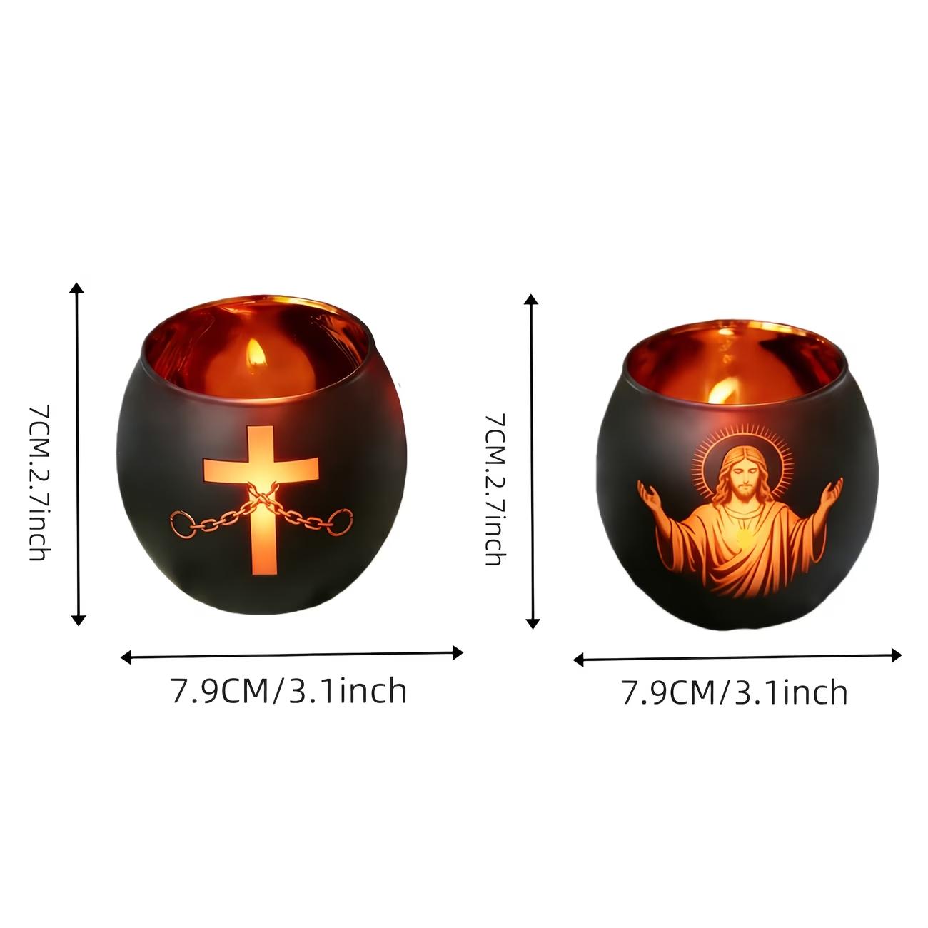 2pcs Figure & Cross Black Glass Candle Holders with Chains, Christian Religious Easter Decor, Sacred Meditation & Spiritual Gift