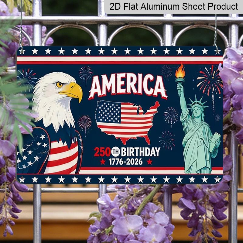 2D Flat, 1pc "250th Celebration" Patriotic Plaque, 12"×8" - American Independence Decor Sign with Eagle & Statue, Red White & Blue - Aluminium Wall