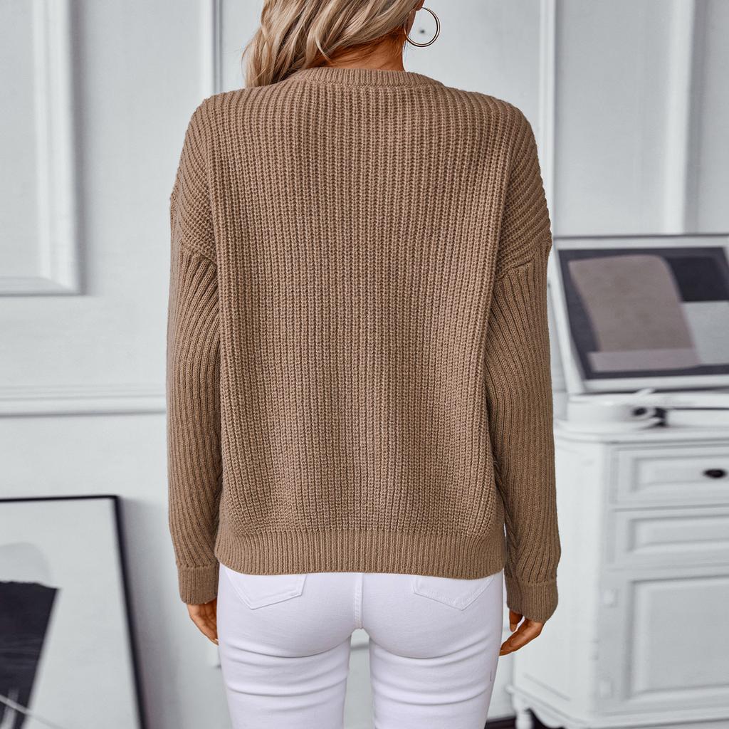 Women's Fashion Casual Round Neck Solid Color Long Sleeve Loose Knit Pullover Sweater