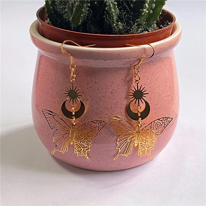 Fashion New Product Gold Star Zinc Alloy Moon Earhook Earrings Gold Hollow Pattern Butterfly Jewelry Earrings