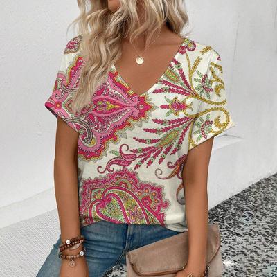 Modische V-Ausschnitt Damen-T-Shirts, Lässige Retro Kurzarm Damen-T-Shirts, Modische Damen-T-Shirts mit floralem Druck