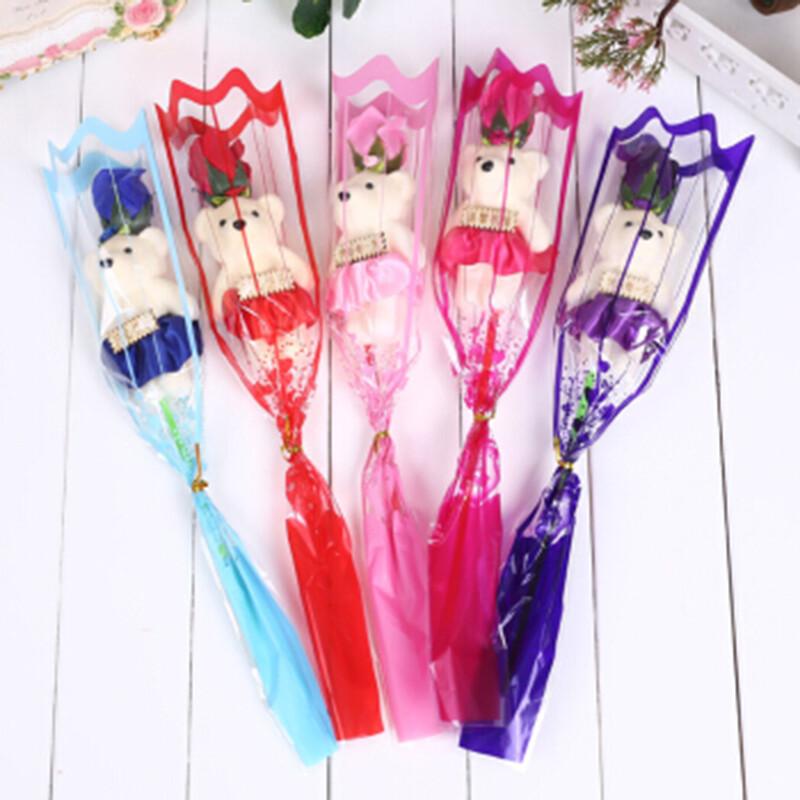 

Single Stem Rose Soap Flower with Mini Bear