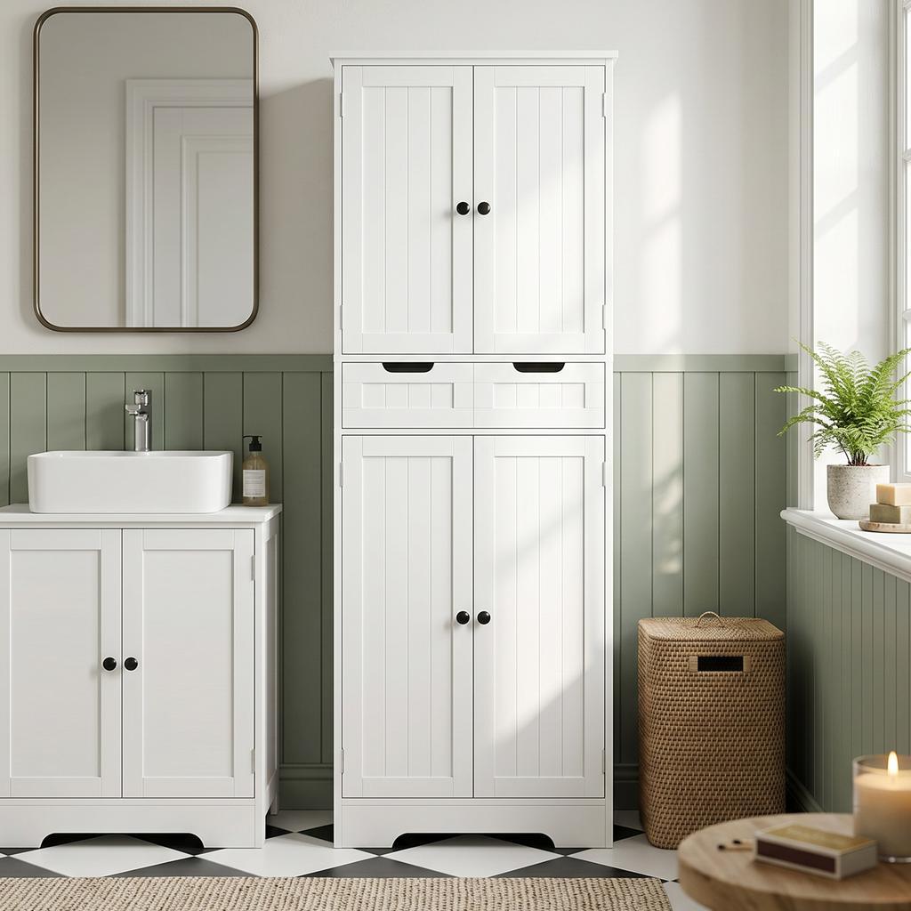 Bathroom Cabinet, Drawer, 4 Doors, 60 x 30 x 160 cm, White