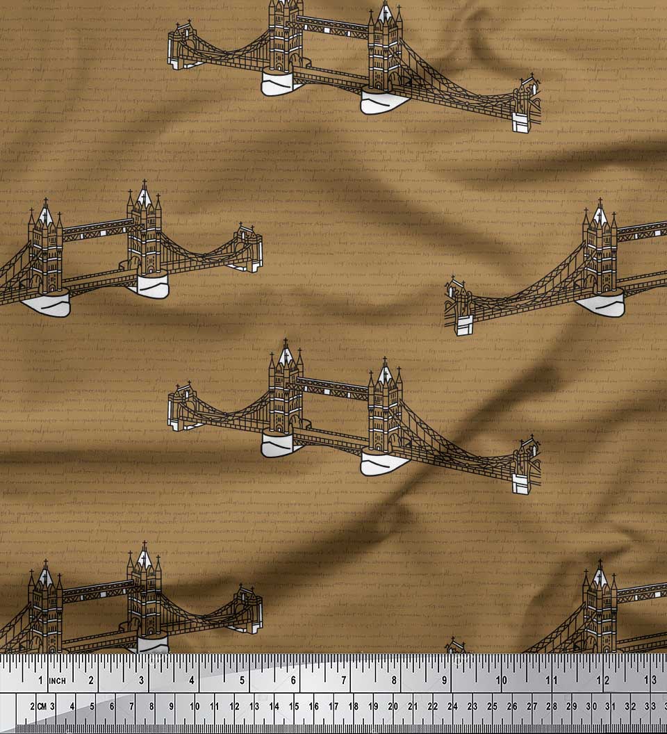 

Soimoi Green Japan Crepe Satin Fabric Text & London Bridge Architectural Print Тканина на метри 42 дюйма 42 Inch Wide - Poly Crepe коричневий