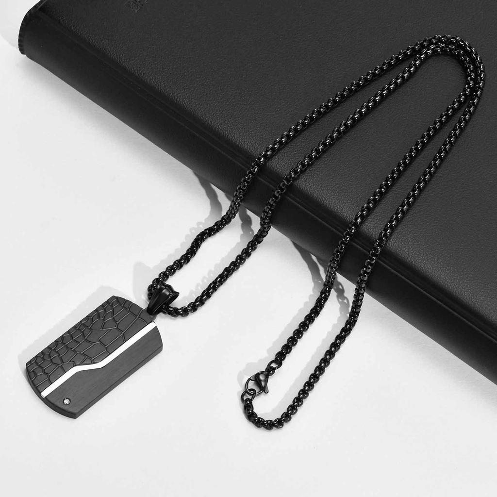 Engravable Black Titanium Steel Dog Tag Pendant Necklace with White Zircon