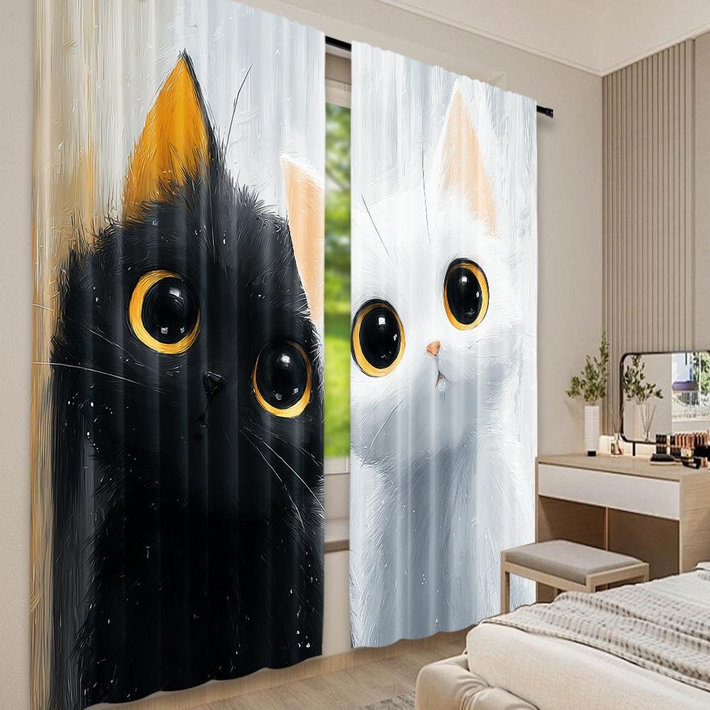 Set Of 2 Flat Printing Drapes Curious Black White Cats Digital Printed Polyester Festive Holiday Indoor Curtains Made