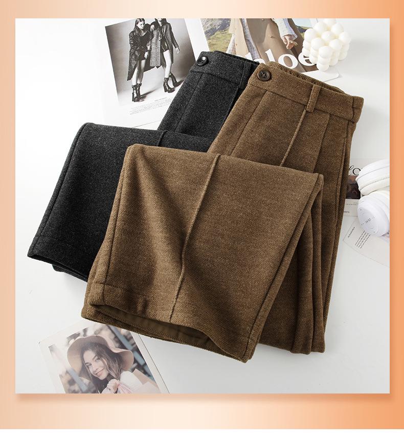 Women's Plus Velvet Wool-Blend Wide-Leg Scimitar Pants - Winter Warm, Thick, Short-Length, Straight-Cut, Nine-Point Casual Style