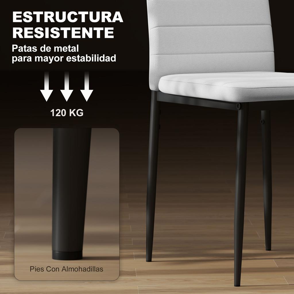 Pack of 6 Modern Dining Chairs Upholstered in Synthetic Linen with High Backrest and Metal Legs 41x50x97 cm White