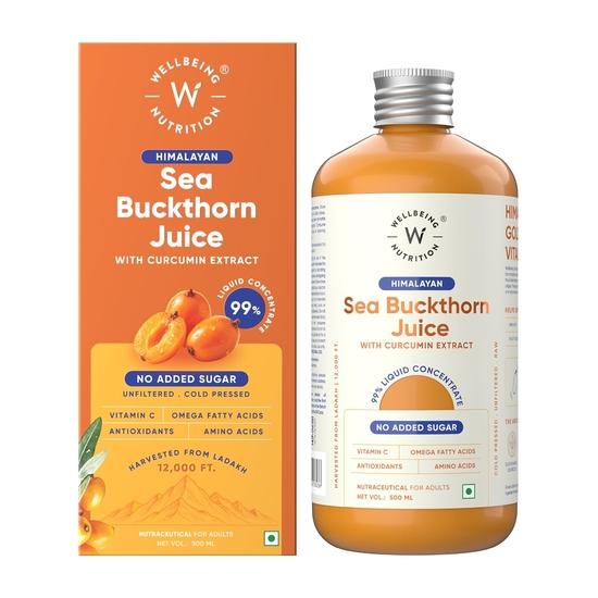 Wellbeing Nutrition Himalayan Sea Buckthorn Pulp With Curcumin Extract| Natural Vitamin C, Omega 3, 6, 7, 9 & Antioxidants| 500ml