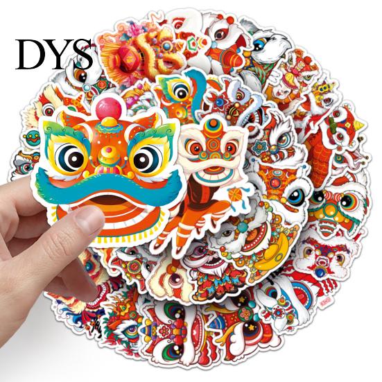 Chinese New Year Home Decor 50Pcs Lion Dance Stickers Traditional Culture Trend Waterproof PVC Sticker for Laptop Suitcase Skateboard