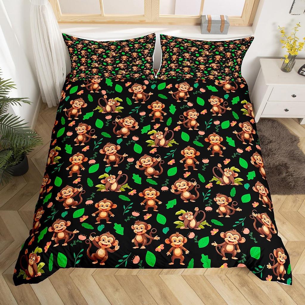 Cute Monkey Bedding Set Full Twin Cartoon Banana Stars Duvet Cover Tropical Wild Animal Fruit Comforter Cover Yellow Quilt Cover