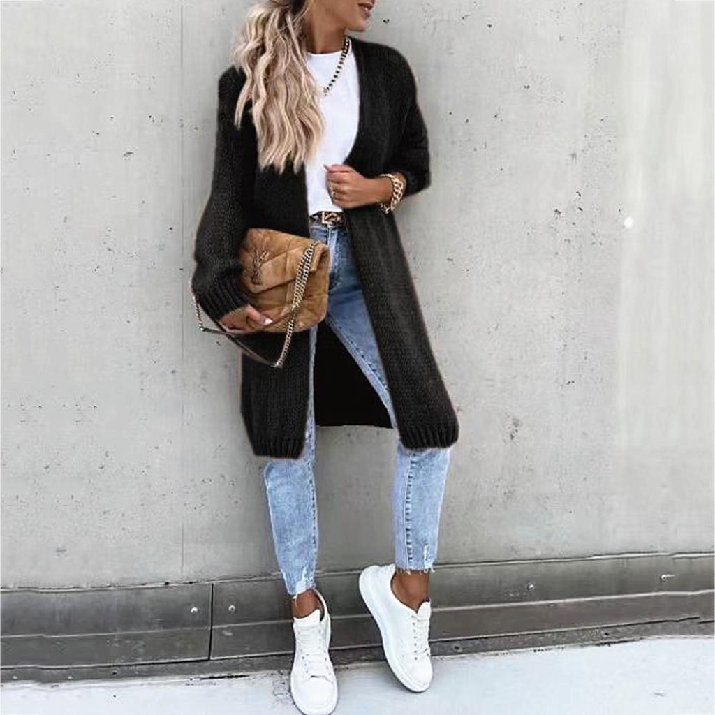 Damen Lässiger Midilanger Strickpullover Einfarbiger Übermantel