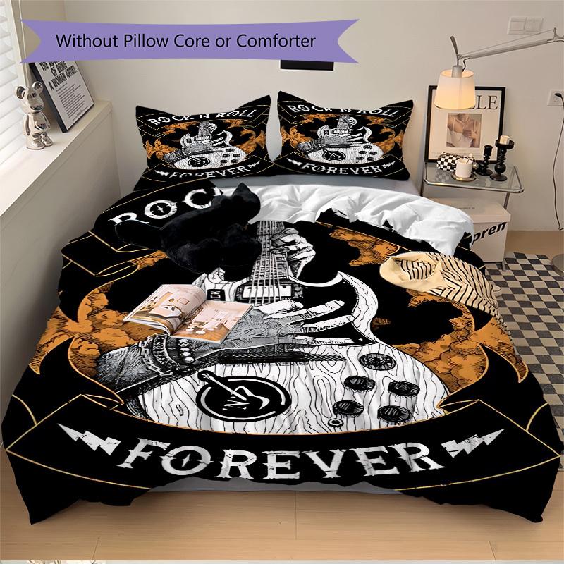 3pcs Rock N Roll Guitar Duvet Cover Set - Machine Washable, Includes 1 Duvet Cover and 2 Pillowcases, No Core Included Yy251022177