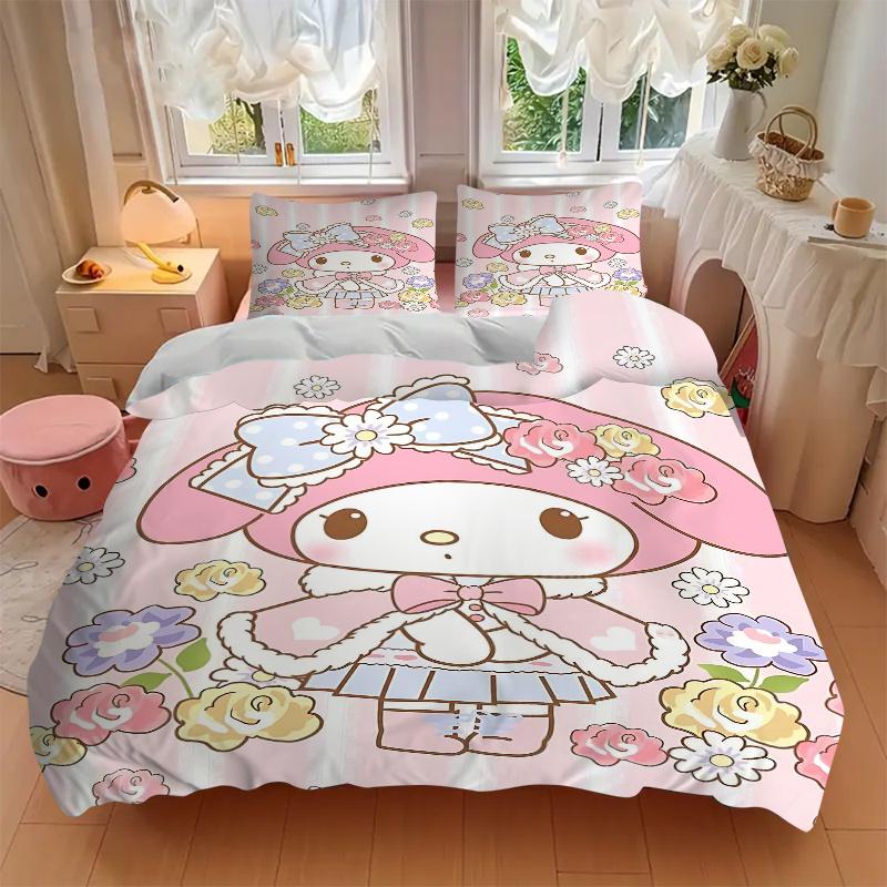 3pcs My Melody's Floral Fantasy Printed Duvet Cover Set (1 * Cover+2 * Pillowcase, Without Core), Suitable for Home Bedroom, Guest Room, Dormitor