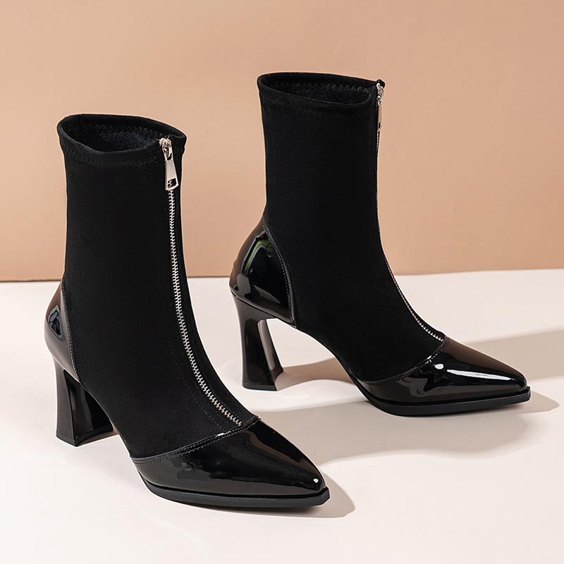2026 Fall/Winter New Stretch Skinny Boots Black High Heeled Booties Pointed Toe Versatile Mid Heel