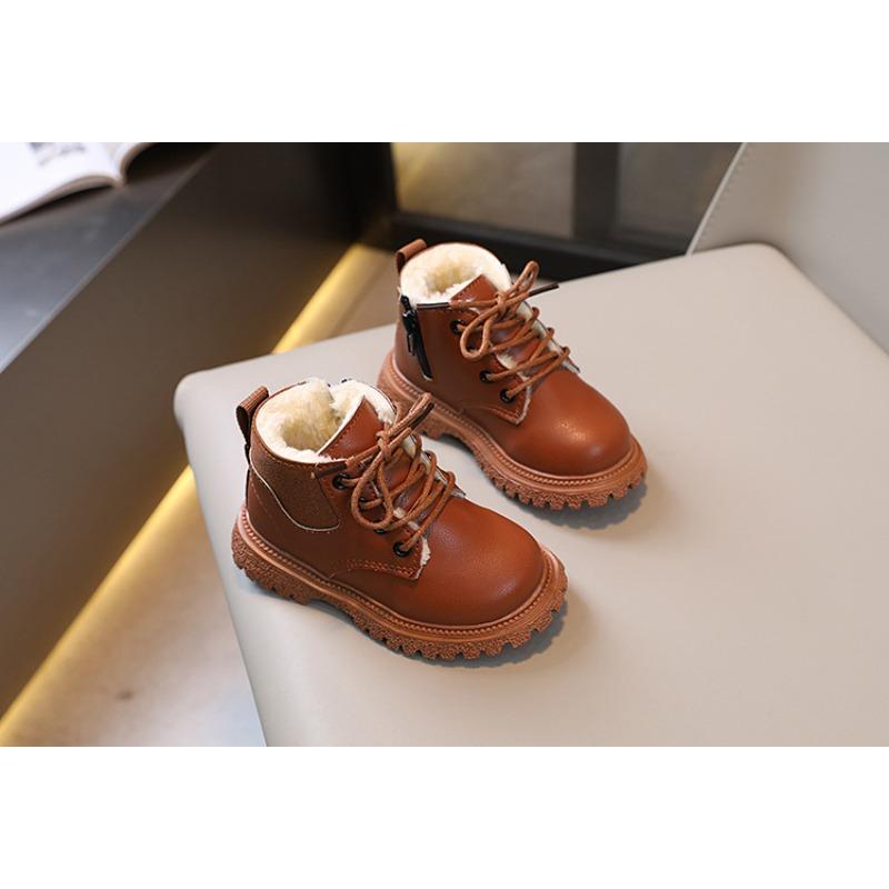 Fashion retro autumn and winter new children's velvet British short boots boys side zipper leather boots girls snow boots