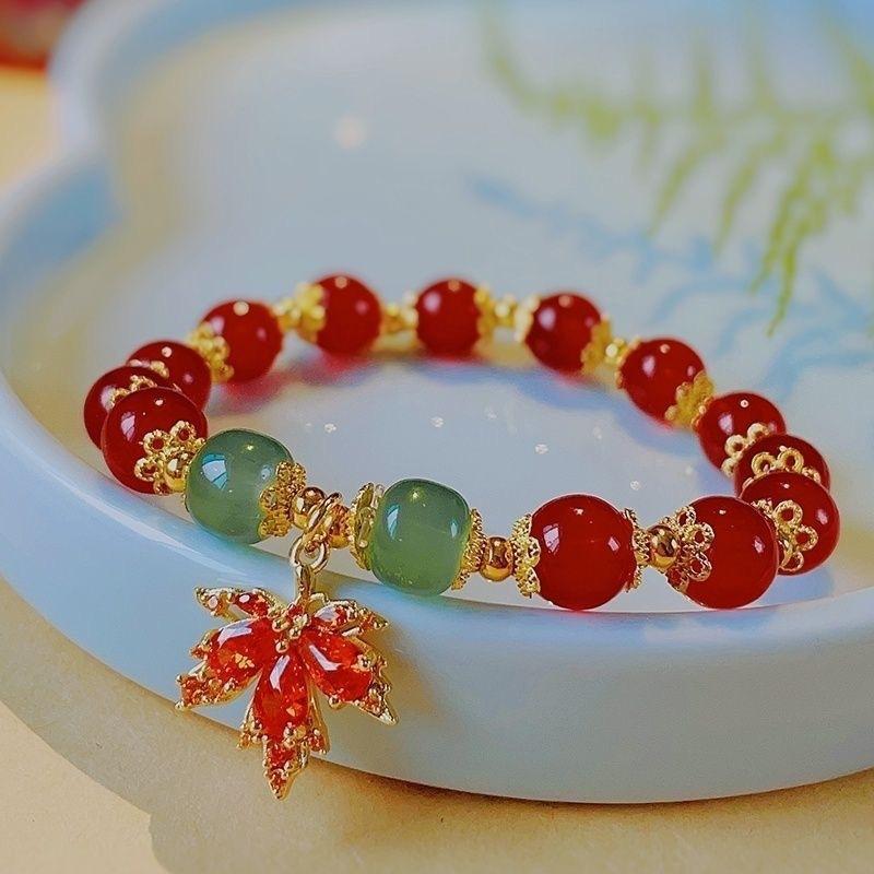 Chic Leaf Themed Red Jade Beads Bracelet for Women Ideal Jewelry Gift 1Pcs