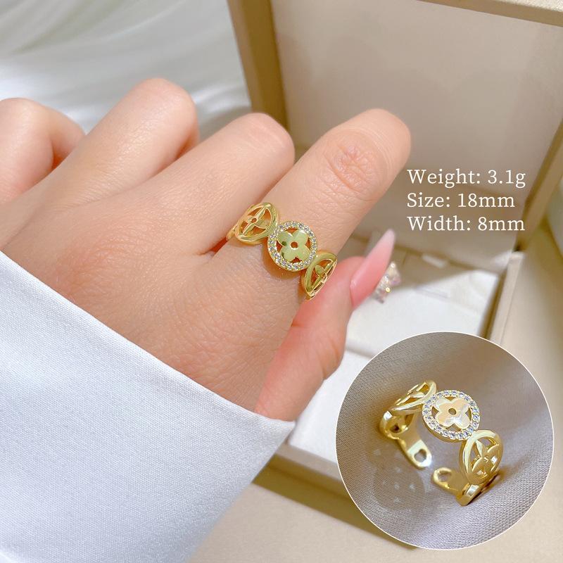 Real Gold Copper Coin Four-Leaf Flower Ring Opening Adjustable Light Luxury Jewelry Japanese Ring Couple Ring