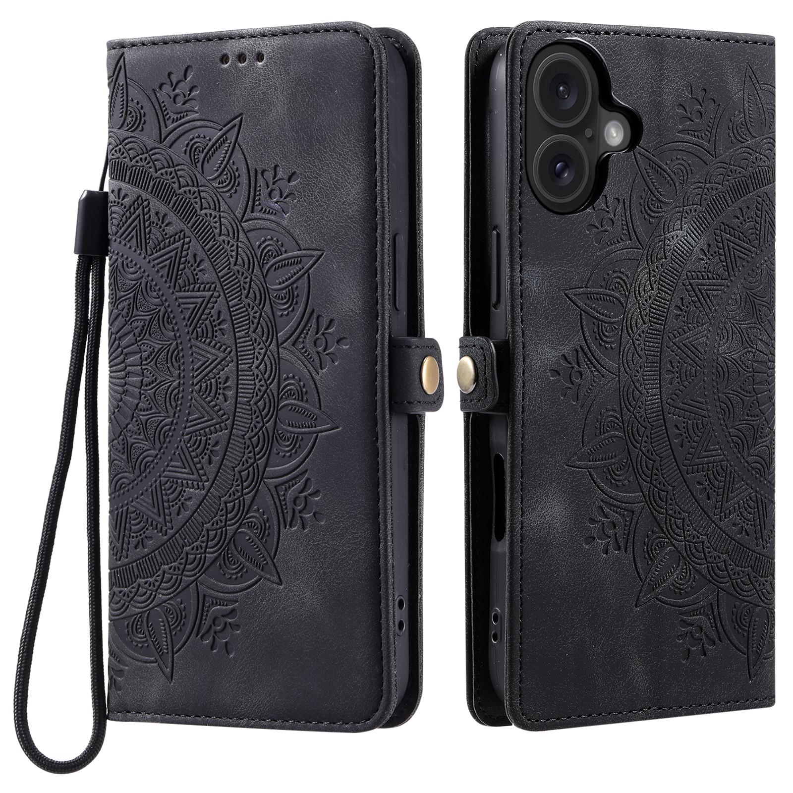 

Style 016 For iPhone 16 Plus Case Skin Feel Totem Imprinted Wallet Leather Phone Cover Black
