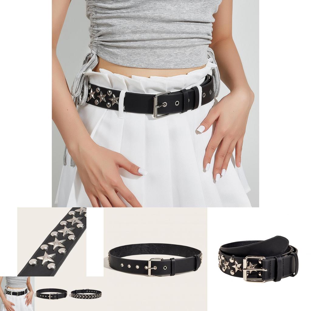 New Star Studded Fashionable Punk Style Wide Belt For Women's Jeans Faux Leather Material