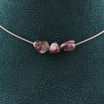 Stones and Minerals. Necklace 3 Beads Tourmaline Rubellite from Brazil Steel Chain Necklace for Women, Men. Customizable Size.