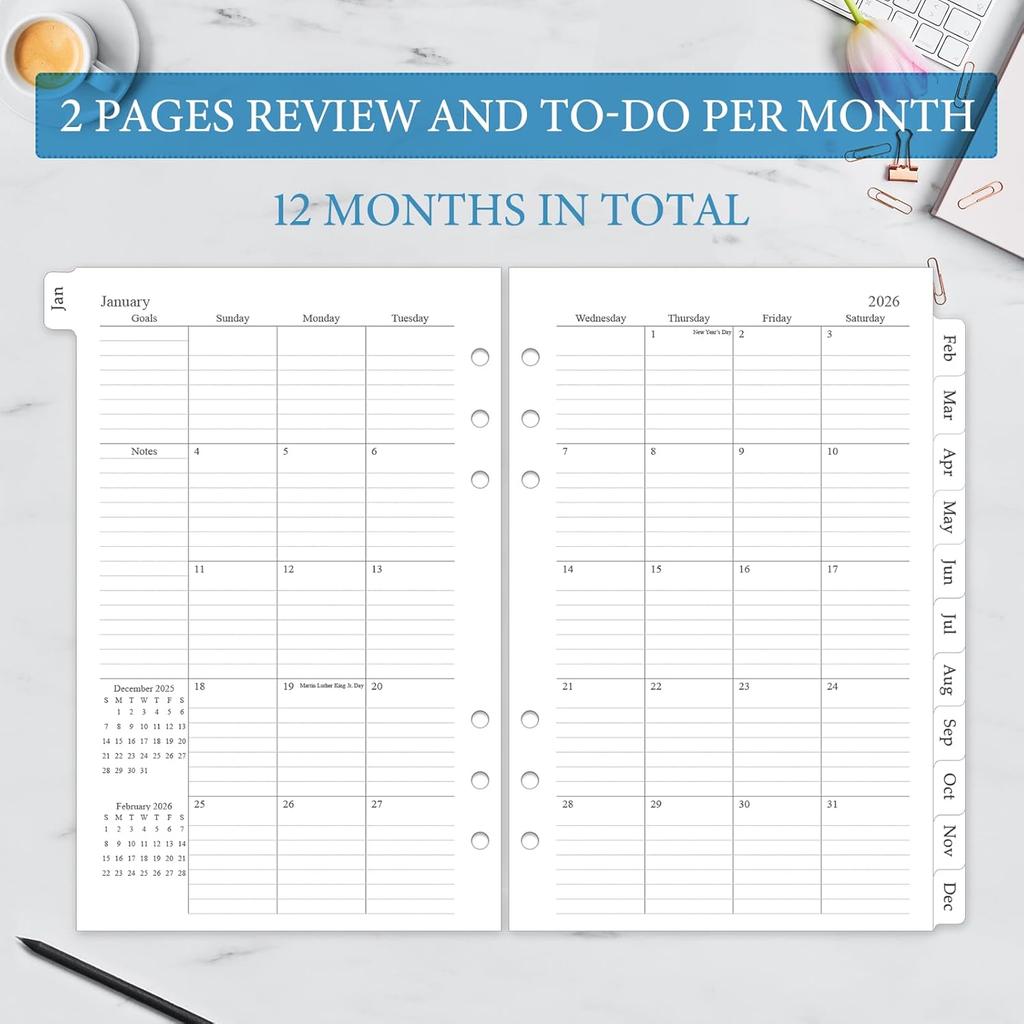 .com : 2026 Weekly & Monthly Planner Refill, A5 Medium Planner erts for 6 Holes, 5.5"x8.5", Jan. 2026 - Dec. 2026, 12 Monthly Calendars with