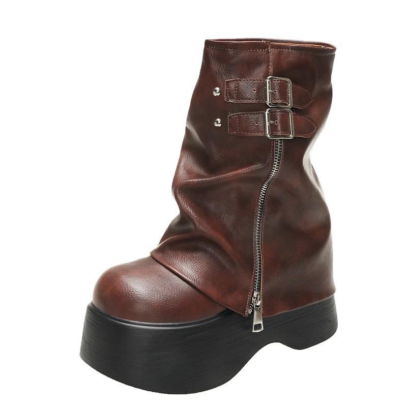 Soft Leather Ankle Mid Calf Boots Winter Autumn High Platform Wedge British Booties Woman New Ladies Chunky Motorcycle Boots