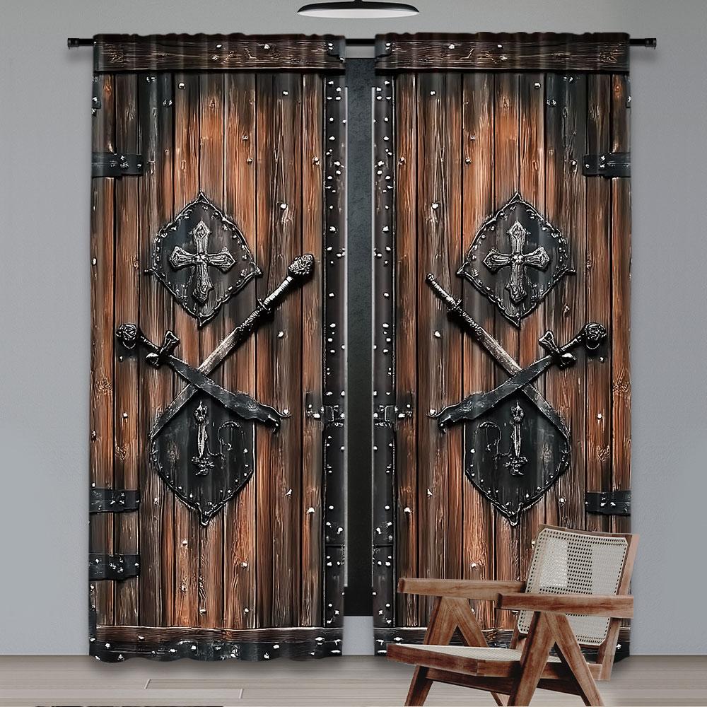 Set Of 2 Luxury Brown Curtain Forged Door Pattern Suitable Living Room Dining Kitchen Bedroom Bathroom Study For Made Polyester